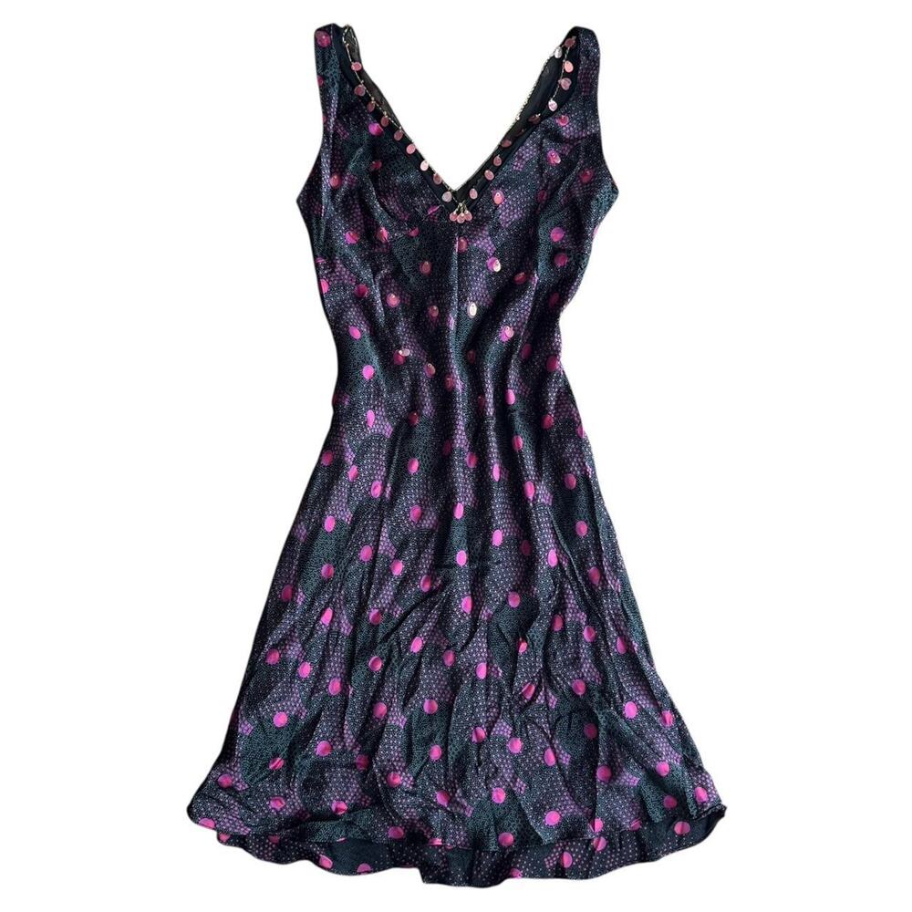 Y2K boho chic pink and black polka dot print silk dress with pink sequins sz 6